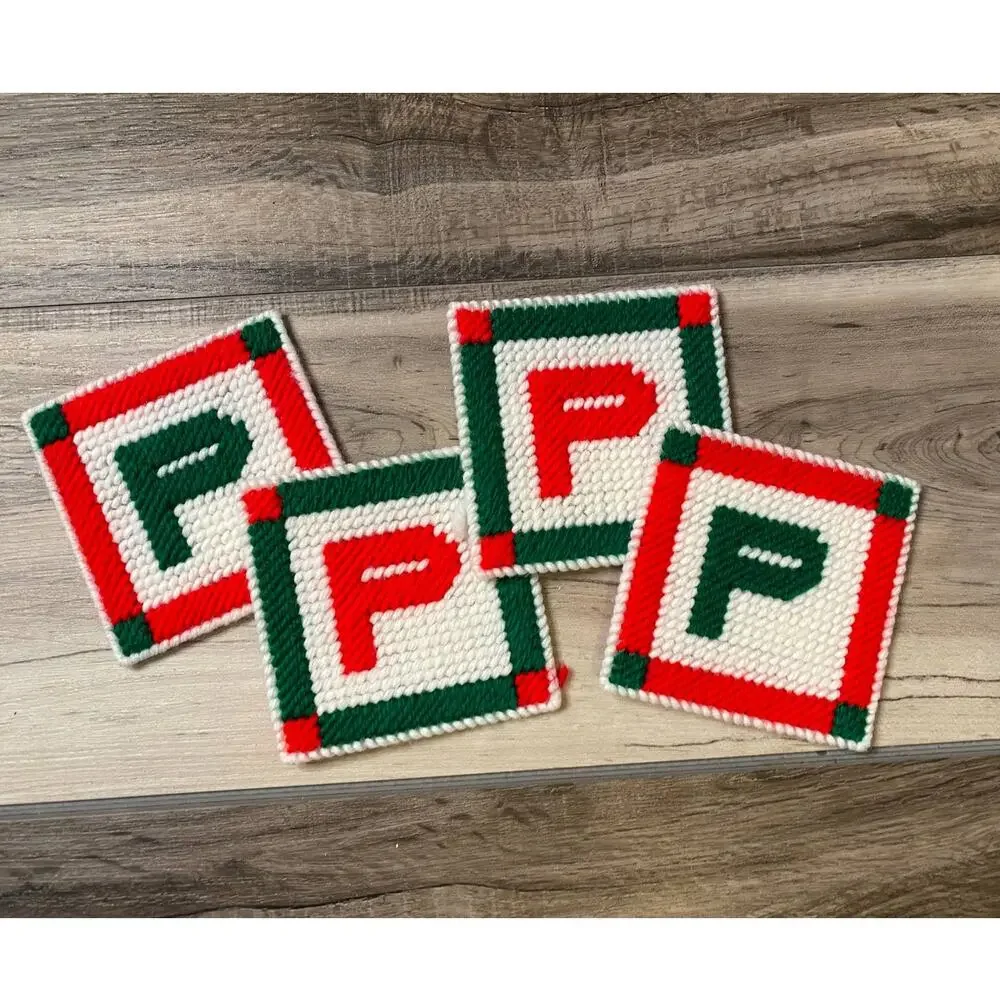 Handmade Coaster Set Letter P Pattern Plastic Canvas Holiday Red Green White